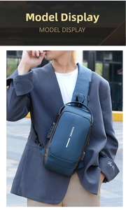 Blue anti-theft sling bag with a three-digit security lock and built-in USB charging port