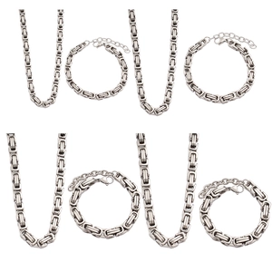 Polished silver Byzantine chain set including two necklaces and two bracelets for unisex