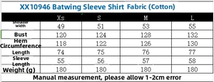 Detailed size chart for women batwing sleeve striped shirt including poplin fabric specs