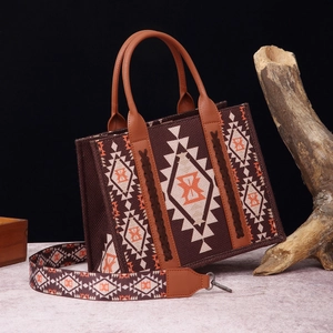 Detail of bohemian tote bag with geometric print and adjustable wide shoulder strap