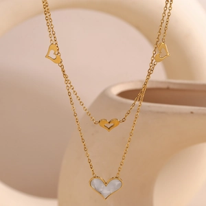 Double layer 18K gold plated stainless steel necklace with hollow hearts and white shell heart