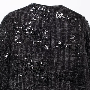 Elegante schwarze Tweedjacke für Damen mit glitzernden Pailletten und klassischem Rundhals