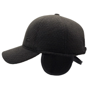 Men's wool blend baseball cap with earflaps, thick warm winter hat in dark brown