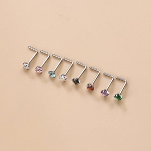 Eight-piece set of stainless steel L-shaped nose studs with multi-colored 3mm round zircons