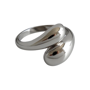 Polished silver stainless steel open ring with minimalist organic teardrop design