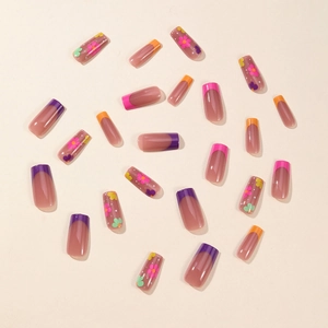 Detailed view of square faux nails with colorful French tips and floral patterns