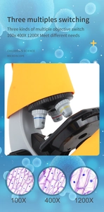 Detail view of children's microscope lenses with 100x 400x and 1200x magnification views
