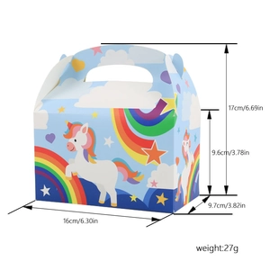 Blue unicorn paper candy gift box with rainbow pattern and dimensions for parties