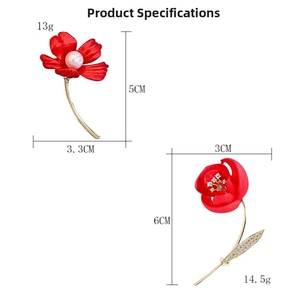 Detailed size and weight specs for red floral brooches with pearls and rhinestones
