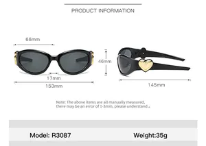Detailed technical diagram showing exact frame dimensions for the Y2K heart sunglasses