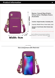 Detailed view of purple nylon phone bag with 17x9x5cm dimensions and multi-layer pockets