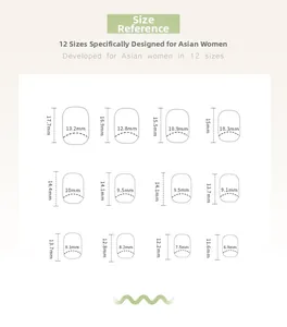 Detailed size chart showing 12 different specifications for almond shaped press-on nails