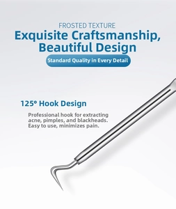 Macro detail of the 125-degree curved hook tip on the frosted stainless steel acne tool