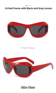 Vues de face et de côté de lunettes de soleil Y2K rouges avec verres gris hip-hop
