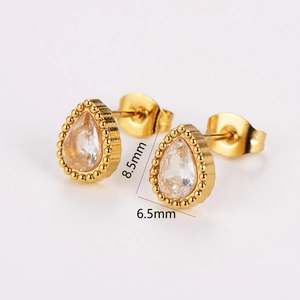 Golden teardrop stud earrings with pear-cut zircon and beaded edges, 8.5mm by 6.5mm