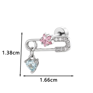 Silver paperclip earring with pink star and blue heart pendants and clear dimensions