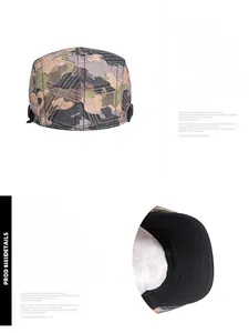 Detail view of adjustable metal buckle and camouflage pattern on washed canvas cap