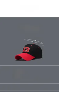 Detailed size guide for red and black baseball cap featuring number 23 embroidery