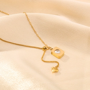 Stainless Steel Heart Necklace With Square Pendant Cubic Zirconia 18K Gold Plated Adjustable Chain For Women
