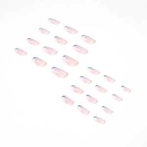 Minimalist French almond press-on nails with white and blue tip stripes on pink base