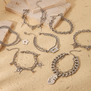 Cuban chain layered stainless steel bracelets with butterfly and cross charms
