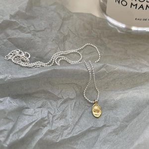 Vintage 925 sterling silver coin necklace with gold portrait pendant and silver bead chain