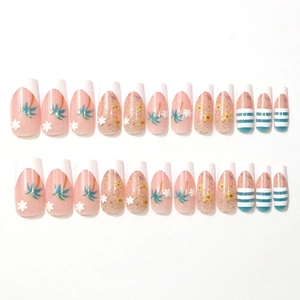 Glossy square press-on nails with blue palm trees and French tips flower design