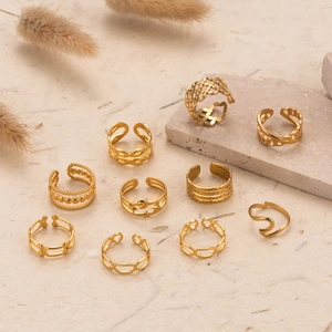 Set of 10 gold stainless steel rings with celestial moon and star adjustable designs