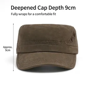 Men's khaki cotton flat top cadet hat with star metal buckle and 9cm depth detail