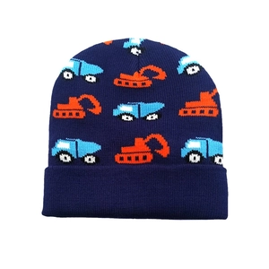Kids navy knit winter beanie featuring orange and blue cartoon excavator and tank patterns