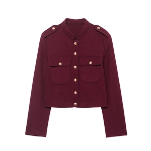 Veste Courte Pour Femme Bordeaux Polyester Aspect Laine Col Montant Boutons Dorés Style Militaire Élégant Vêtement De Dessus