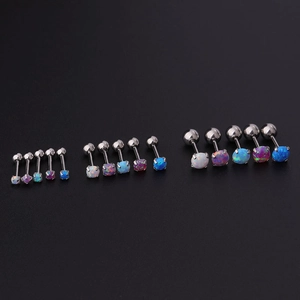 Miniature opal stud earrings in assorted colors with stainless steel prong settings