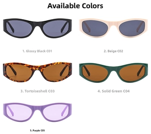 Flat lay of retro wide-frame sunglasses in five colors: black, beige, tortoiseshell, green, purple