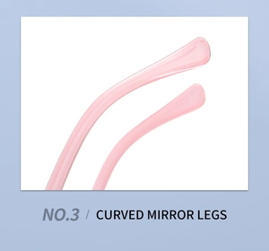 Detail view of pink translucent sunglasses featuring ergonomic curved non-slip legs