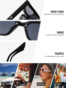 Detail view of square sunglasses showing integrated nose pads and durable metal hinges