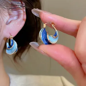 Twisted Spiral Hoop Earrings Blue Gradient Enamel Gold Metal Geometric Fashion Jewelry For Women With Steel Earring Post