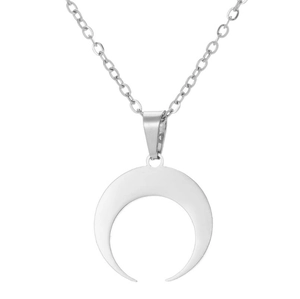 Detail of silver crescent moon pendant necklace with polished stainless steel chain
