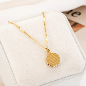 Double-sided Fu Xi stainless steel necklace with zircon pendant in velvet jewelry box