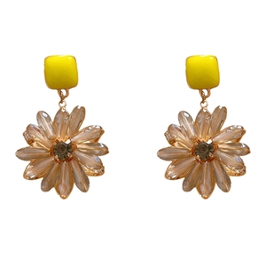Elegant silver needle floral drop earrings with yellow square studs and crystal petals