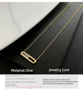 Detail of 18K gold-plated titanium necklace with moving zircon stones and size parameters
