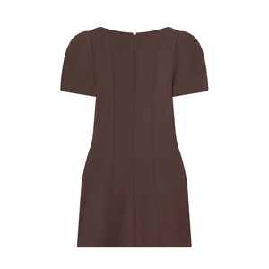 Women's chocolate brown short sleeve pleated mini dress with a back invisible zipper