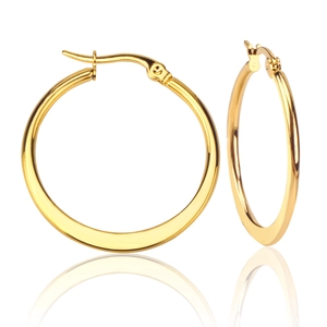 Front and side view of gold stainless steel hoop earrings with clear reflection
