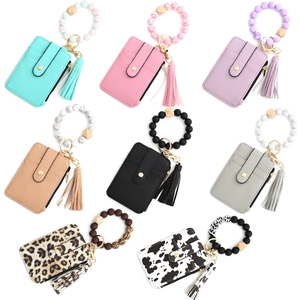 Wristlet Keychain Card Holder With Silicone Bead Bracelet PU Leather Wallet Zipper Pocket Tassel For Women