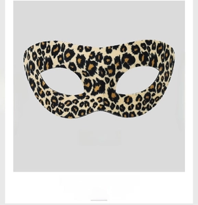 Detail of leopard print party mask showing the soft fabric texture and eye openings
