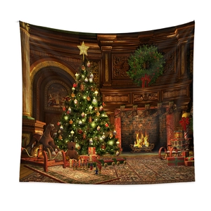 Detailed Christmas wall tapestry featuring a vintage fireplace and decorated tree
