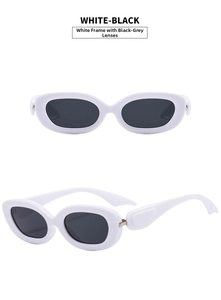 Detail view of oval white sunglasses with black-grey lenses from two different angles