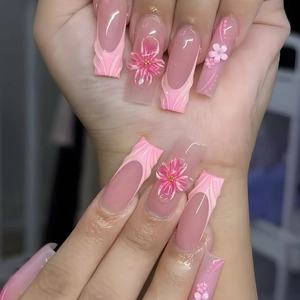 3D Flower Press On Nails French Gradient Blush Long Coffin False Nails Embossed Pink Sweet Style For Women Girl