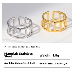 Macro detail of geometric hollowed trapezoid stainless steel open rings in gold and silver