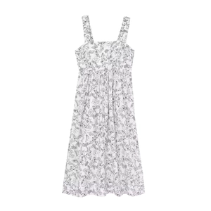 Floral print square neck midi dress with butterfly patterns and wide shoulder straps