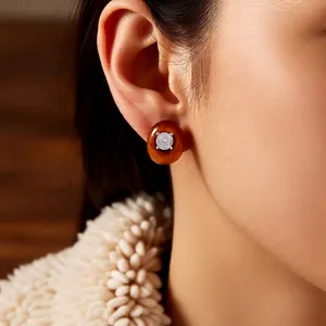 Oval brown tiger eye earrings with sparkling zircon inlay in retro silver stud style